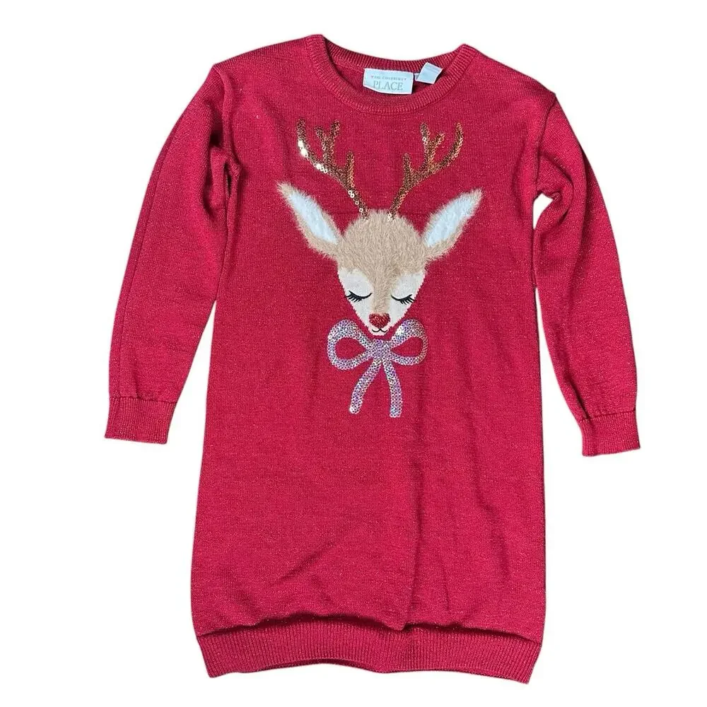 Childrens Place Reindeer Toddler Red Christmas Sweater Dress 4T‎ Sequin Sparkle
